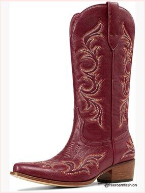 Cowgirl Rhinestone Fringe Pointed Toe Western Boot Chunky Heel Pull-On Wide Calf
